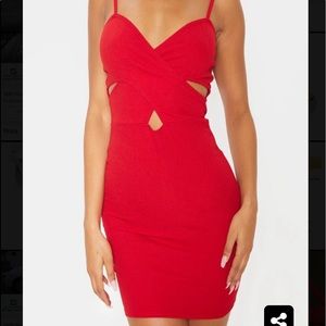 red strap oh cross front bodycon dress